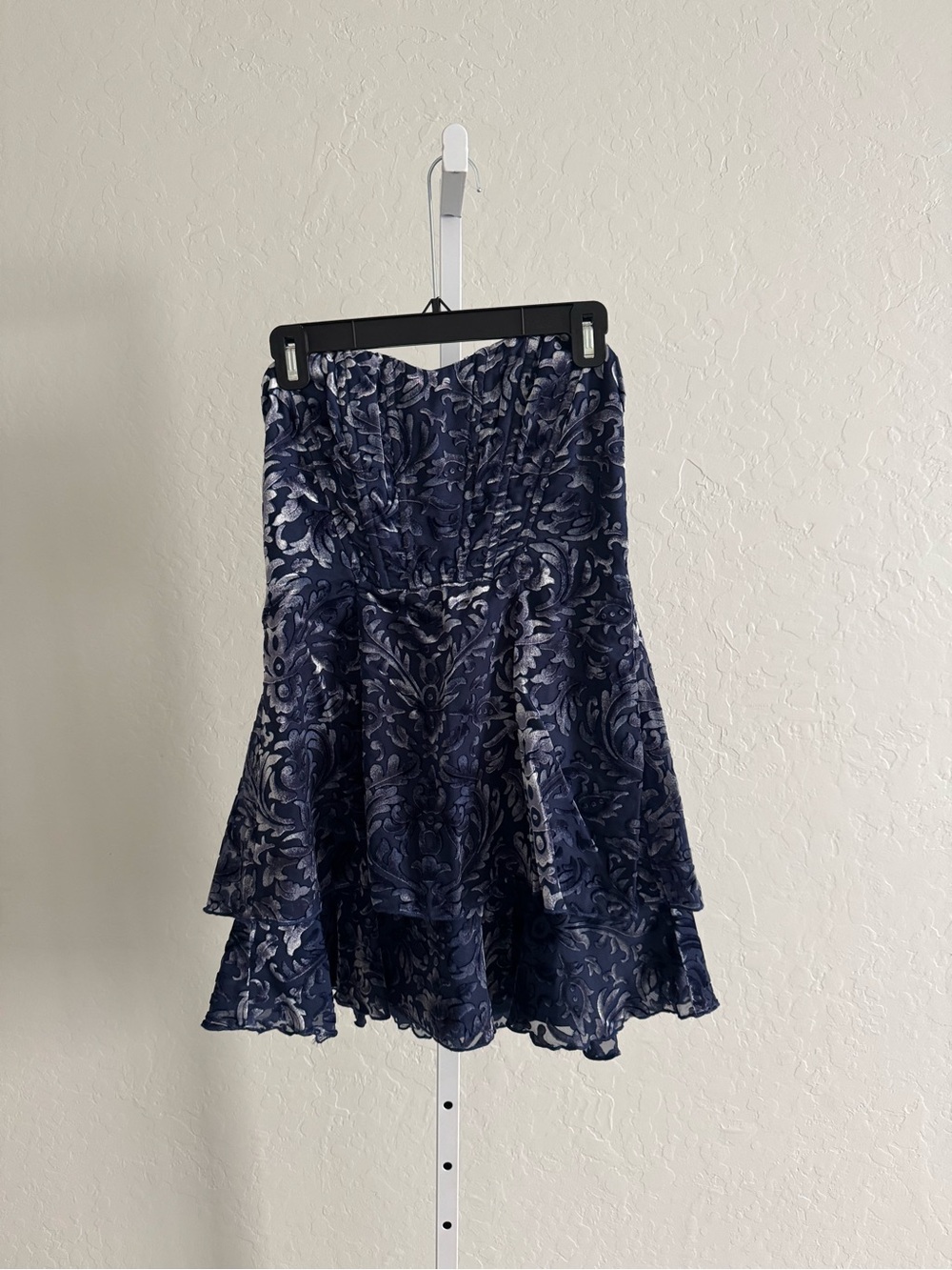 MAJORELLE Navy and Silver Strapless Brocade Dress